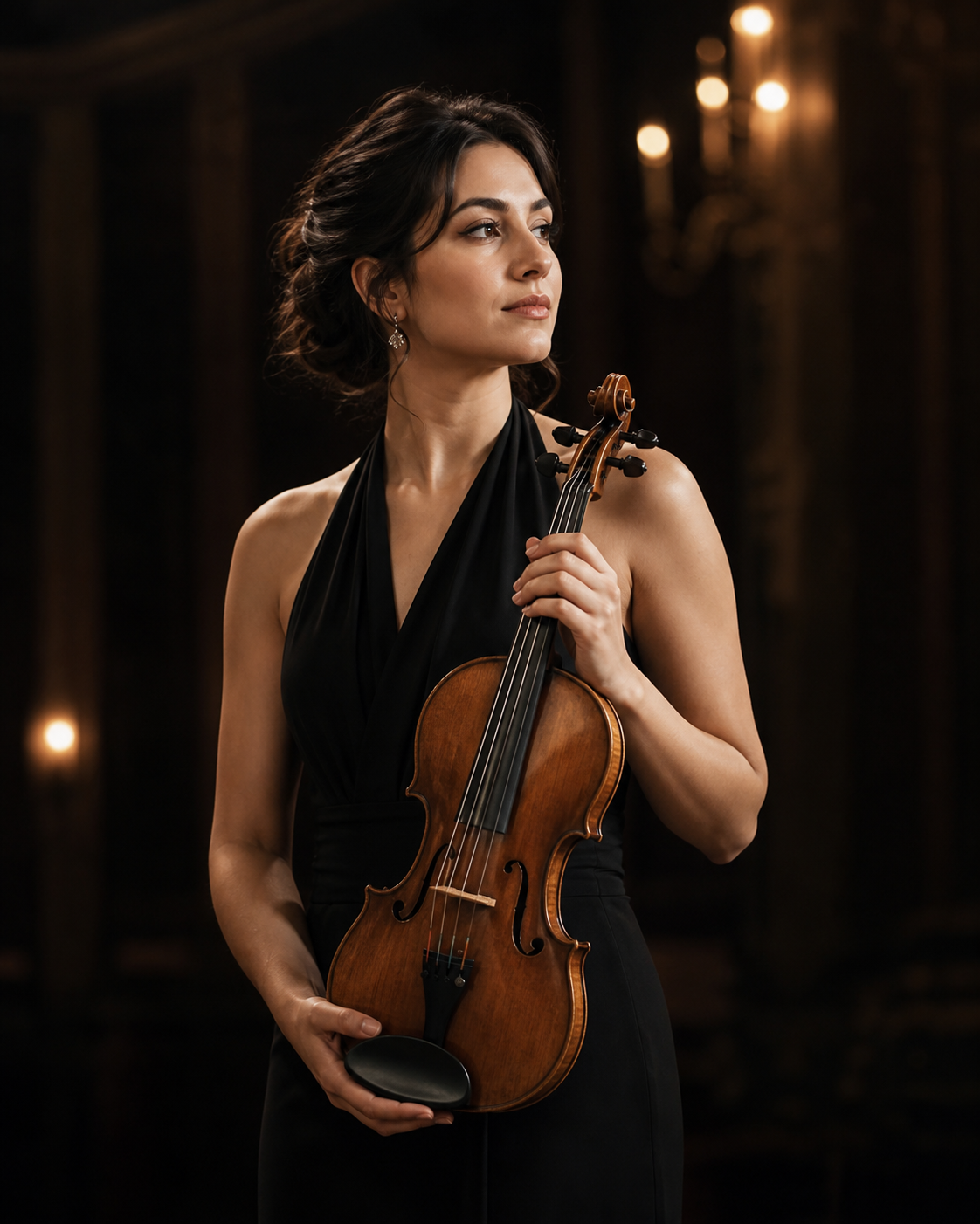 Concert violinist Léonie Hart holding her violin in a warm recital hall